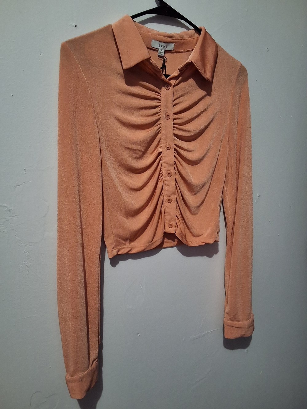 EVRI Peach Ruched Button-Front Collared Blouse - Picture 2 of 10